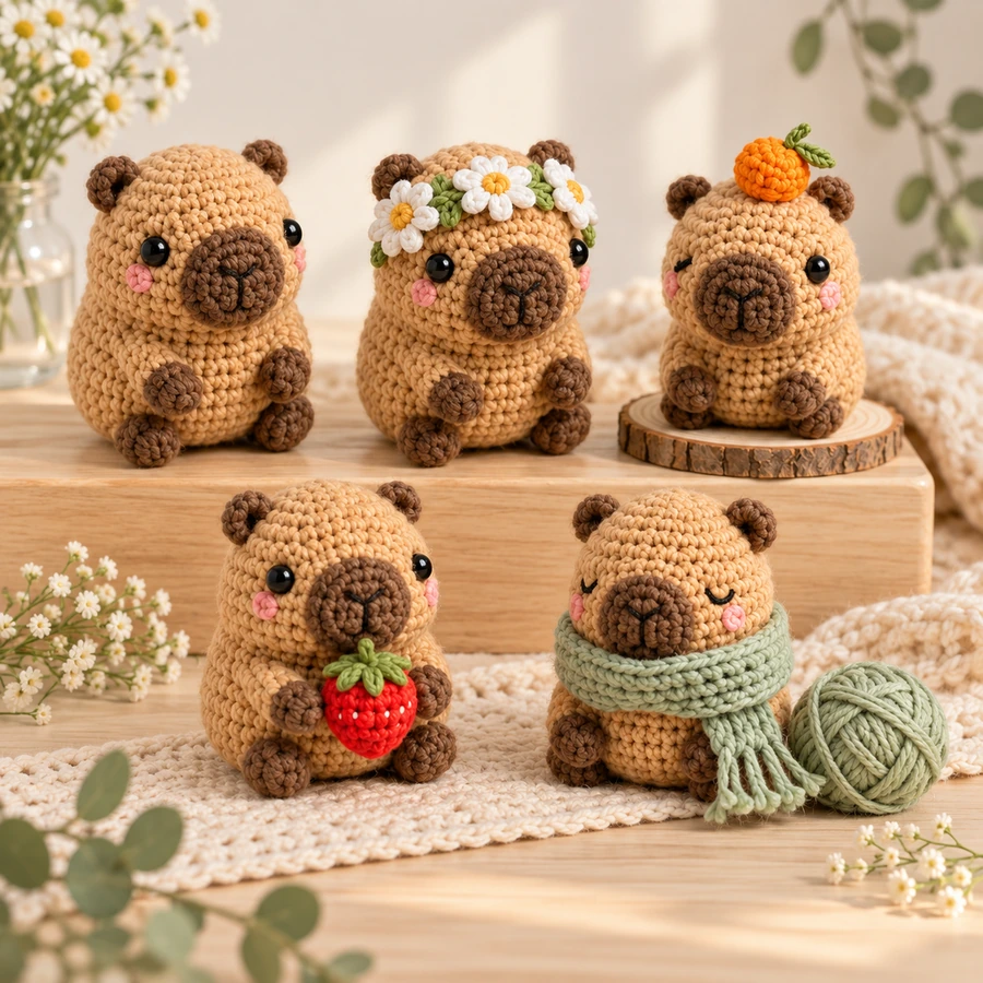 Square product preview of the Crochet Capybara Mini Plush - 5 Designs digital pattern collection