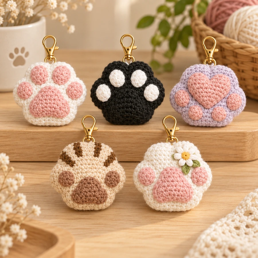 Square product preview of the Crochet Cat Paw Charm - 5 Designs digital pattern collection