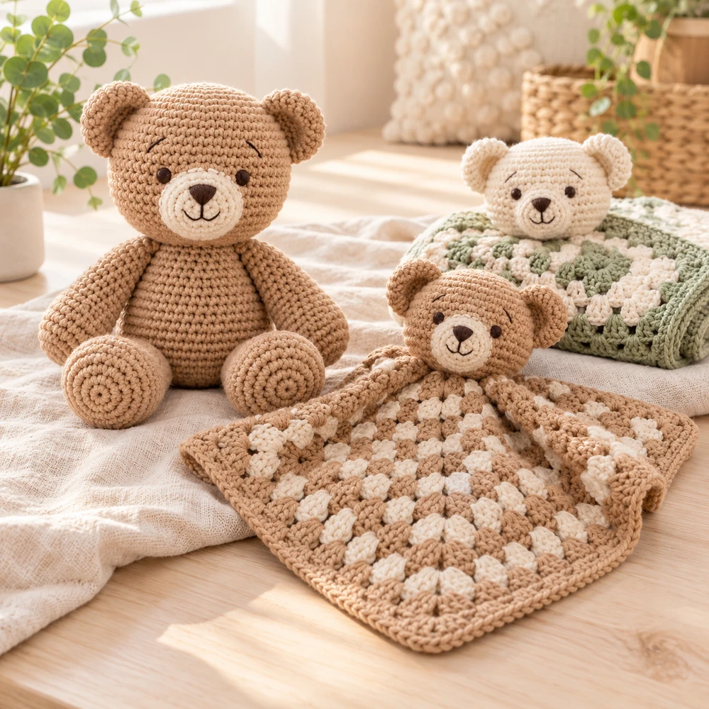 Square product preview of the Classic Teddy Bear and Lovey Duo digital pattern collection