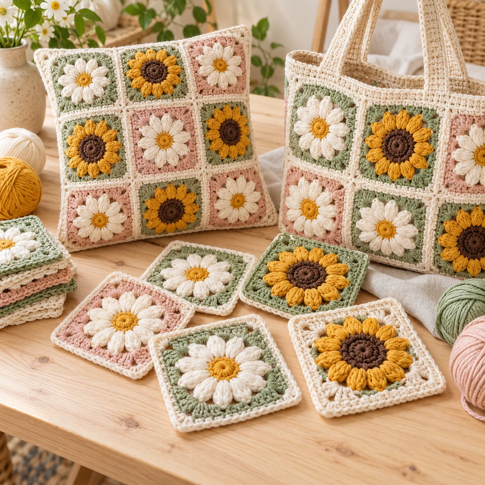 Square product preview of the Daisy and Sunflower Granny Motifs digital pattern collection