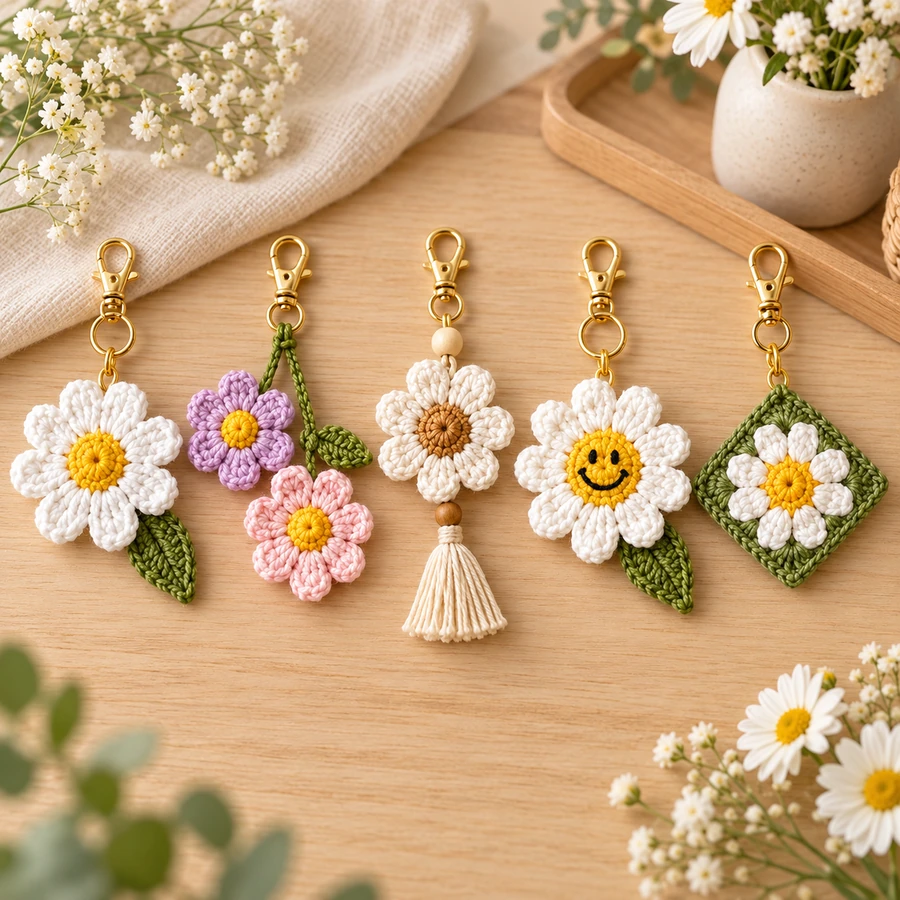 Square product preview of the Crochet Daisy Bag Charm - 5 Designs digital pattern collection