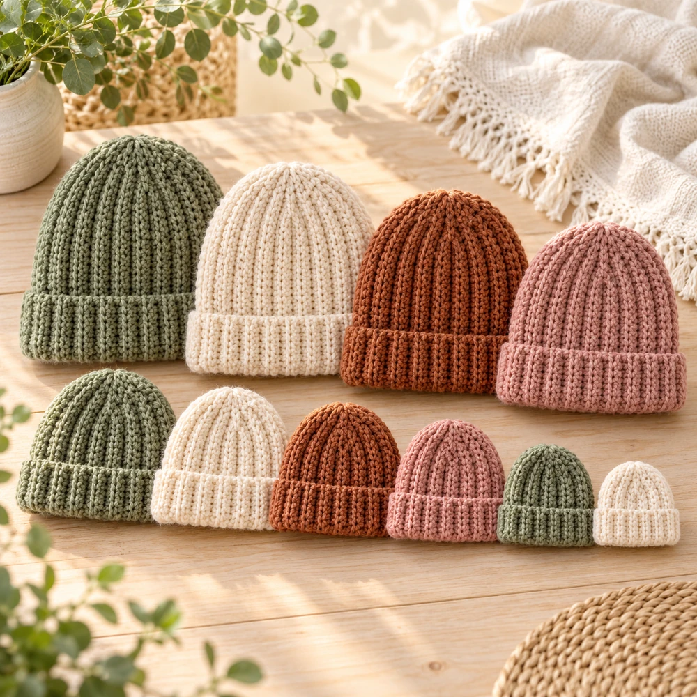 Square product preview of the Family Ribbed Beanie: 10 Sizes digital pattern collection