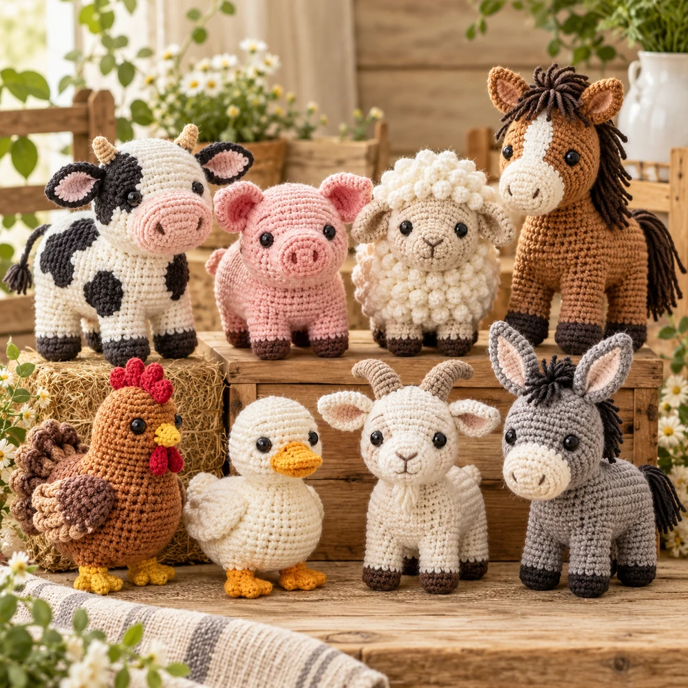 Square product preview of the Farm Animal Amigurumi: 8-Pack digital pattern collection