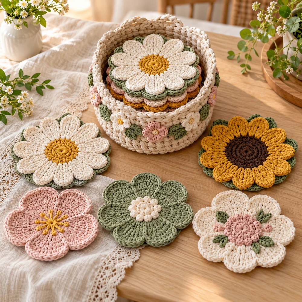 Square product preview of the Flower Coasters in a Basket: 6-Pack digital pattern collection