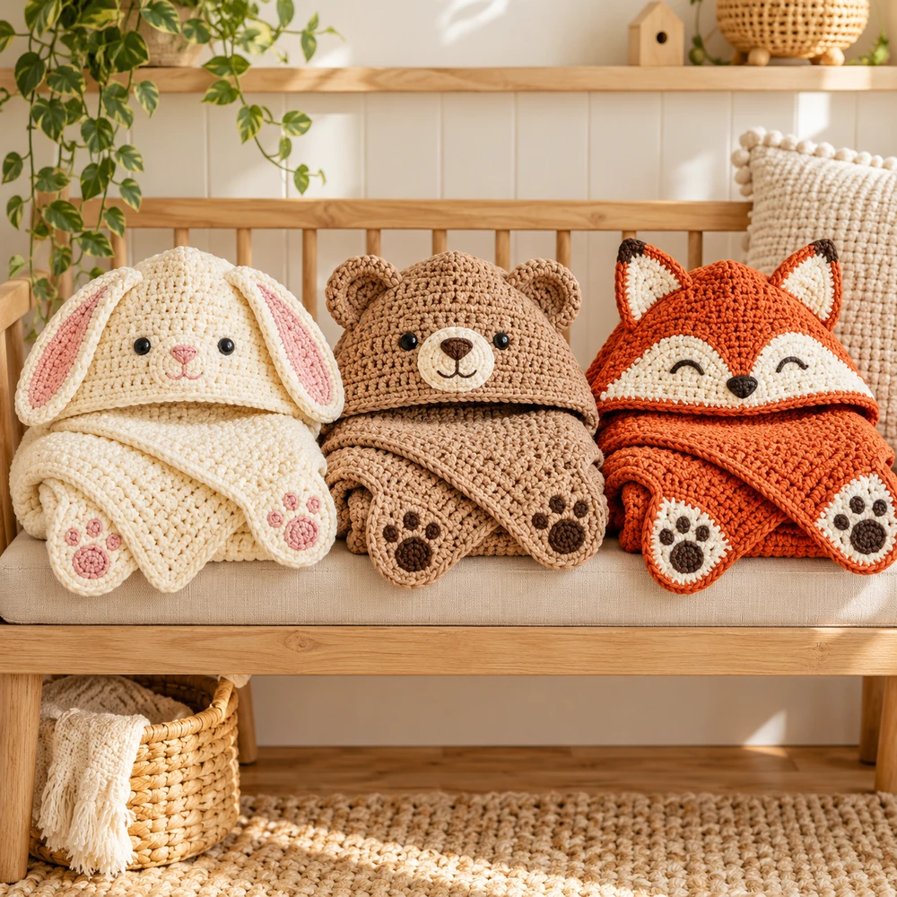 Square product preview of the Hooded Animal Baby Blankets: Trio digital pattern collection
