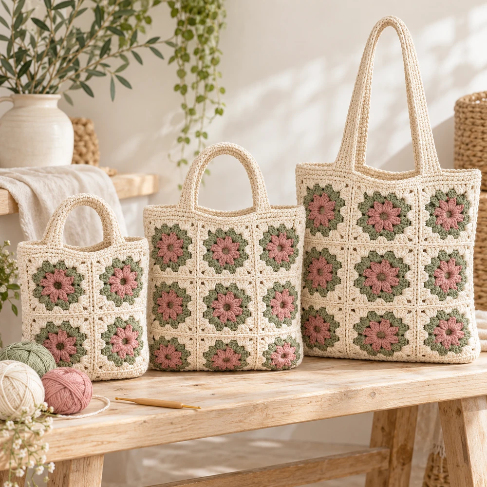 Square product preview of the Modern Granny-Square Market Tote digital pattern collection
