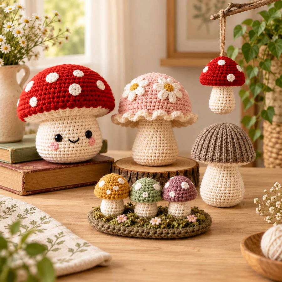 Square product preview of the Crochet Mushroom Decor Set - 5 Designs digital pattern collection
