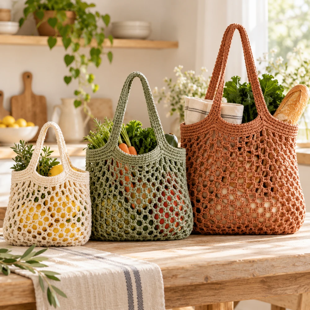 Square product preview of the Reusable Mesh Market Bag Trio digital pattern collection