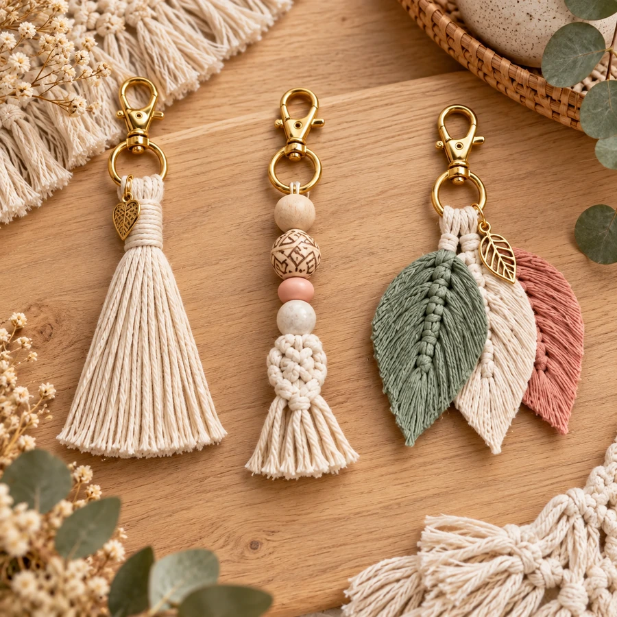 Square product preview of the Macramé Boho Bag Charm - Trio digital pattern collection